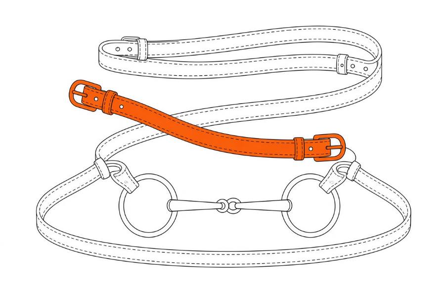 A flat object study of riding reins and a snaffle bit laid out for reference, one strap picked out in orange.